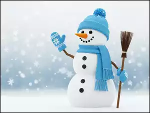 Bałwan, Zima, Czapka, Miotła, Niebieska, Szal