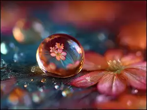 Odbicie w kropli kwiatów i piórka na rozmytym tle