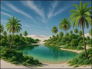 Palmy, Pustynia, Oaza, Woda