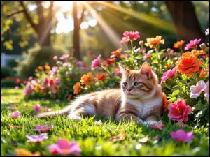 Kot, Ogród, Promienie słońca, Leżący, Trawa, Kwiaty, Kolorowe