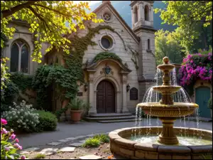 Fontanna przed kościołem oplecionym winoroślą w przebijającym świetle