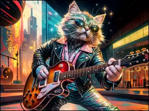 Okulary, Kot, Skórzana, Grafika, Gitara, Kurtka