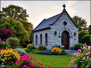 Kościół, Kaplica, Ogród, Grafika AI, Kwiaty, Drzewa