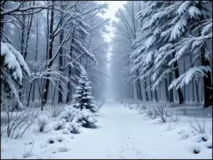 Zaśnieżona, Zima, Drzewa, Grafika AI, Ścieżka, Las