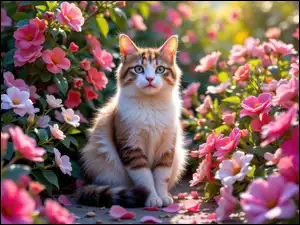 Kot, Kwiaty, Rudo-biały, Siedzący, Spojrzenie