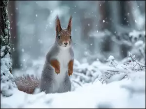 Wiewórka w ośnieżonym lesie obok pnia drzewa i roślin