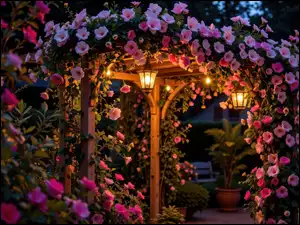 Pergola, Ogród, Różowe, Latarnie, Ogrodowa, Kwiaty