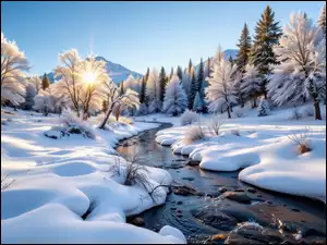 Strumień, Śnieg, Wschód słońca, Zima, Drzewa, Ośnieżone, Las