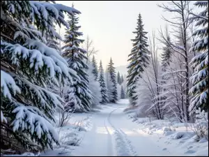 Las, Ośnieżone, AI, Zima, Śnieg, Droga, Drzewa