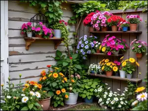 Kolorowe, Ogródek, Półki, Ściany, Kwiaty