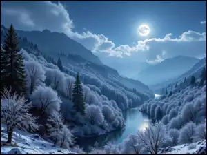 Grafika AI, Śnieg, Noc, Rzeka, Góry, Zima, Oszronione, Las, Drzewa, Księżyc