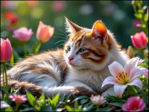 Kwiaty, Tulipany, Kot, Leżący, Lilie