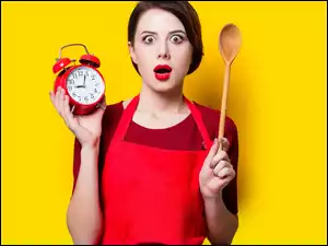 Czerwony, Fartuch, Budzik, Dziewczyna, Zegar, Łyżka, Drewniana