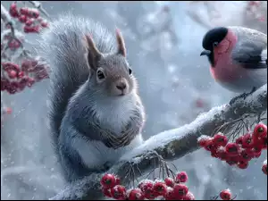 Wiewiórka i gil na ośnieżonej gałęzi jarzębiny