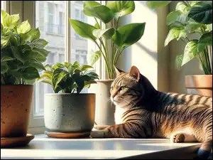 Doniczki, Kot, Okno, Rośliny