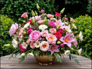 Grafika AI, Drewniany, Stół, Wazon, Róże, Kwiaty, Lilie, Piwonie, Bukiet, Krzewy