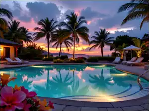Grafika AI, Basen, Palmy, Zachód słońca