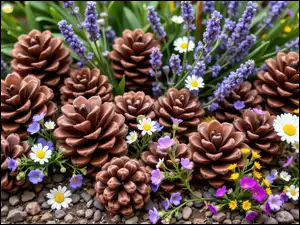 Stokrotki, Szyszki, Kwiaty, Lawenda