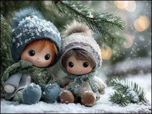 Dwie lalki w czapkach i zimowych ubraniach siedzące na śniegu pod iglastymi gałązkami