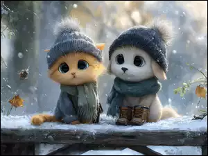 Rudy kot w ciepłym ubraniu i pies w czapce i szaliku oraz butach na ośnieżonej ławce