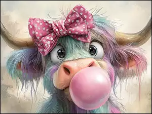 Różowa, Guma do żucia, Długowłosa, Krowa, Kokarda