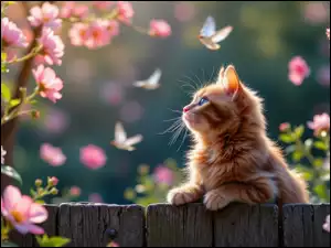 Płot, Motyle, Kot, Rudy, Kwiaty