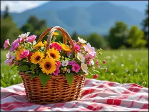 Kolorowe, Kwiaty, Wiklinowy, Koc, Koszyk, Łąka