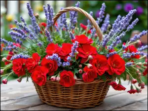 Lawenda, Kwiaty, Stolik, Grafika AI, Koszyk, Ogród