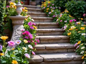 Schody, Kolorowe, Kwiaty