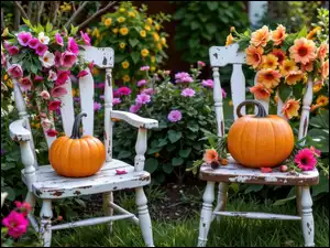 Kwiaty, Dwa, Krzesła, Dynie