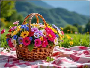 Kolorowe, Kwiaty, Koszyk, Góry, Wiklinowy, Koc
