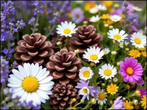 Lawenda, Szyszki, Kwiaty, Kolorowe, Stokrotki