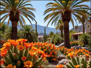 Domy, Pomarańczowe, Kwiaty, Palmy