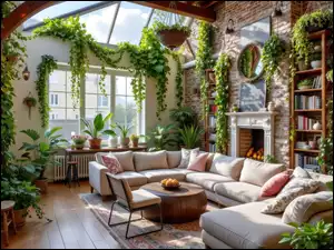 Krzesła, Kwiaty, Kanapa, Salon, Kominek