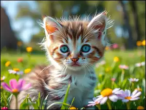 Łąka, Grafika AI, Kotek, Kot, Kwiaty