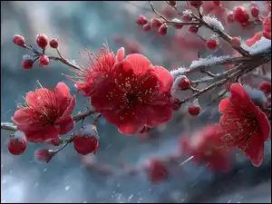 Czerwone kwiaty na gałązkach w padającym śniegu