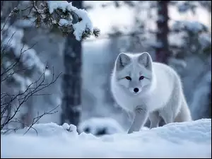 Las, Grafika AI, Lis, Biały, Zima