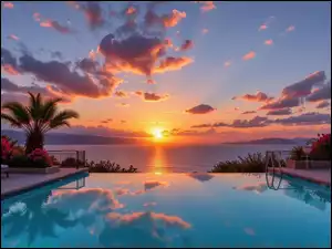 Zachód słońca, Morze, Leżaki, Palmy, Basen, Kwiaty