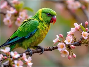 Kwiaty, Grafika AI, Papuga, Zielona, Gałązka