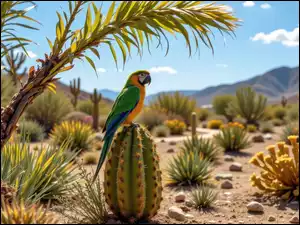 Kaktus, Kamienie, Papuga, Zielona, Rośliny