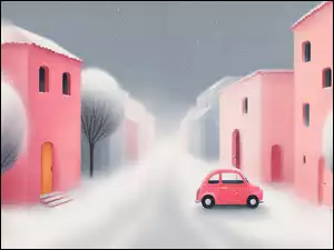 Ilustracja z różowymi domkami szarymi drzewami i autkiem w zimowej scenerii