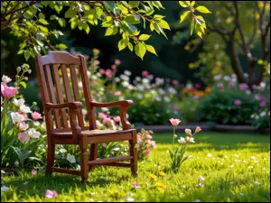 Kwiaty i krzesło pod drzewem w słonecznym ogrodzie