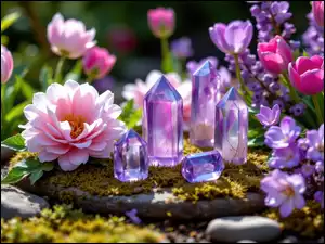 Piwonie i tulipany oraz fioletowe kryształy na omszałym kamieniu