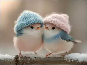 Dwa małe białe ptaki w wełnianych czapkach na ośnieżonej gałęzi
