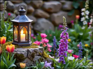Kwiaty, Ogród, Lampion, Kamienie, Tulipany, Świeca