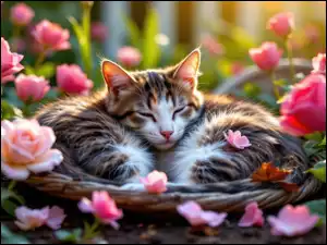 Pręgowany kot zwinięty w kłębek śpiący wśród róż w ogrodzie