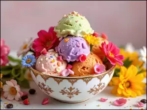Wielosmakowe, Gałki, Miska, Kwiaty, Lody, Kolorowe