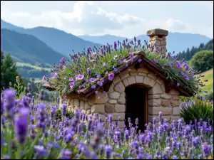 Dach, Dom, Lawenda, Drzewa, Kwiaty, Góry