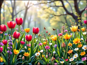 Grafika AI, Kwiaty, Tulipany, Łąka