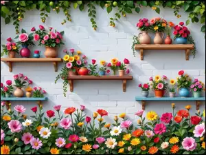 Ściana, Murowana, Kolorowe, Doniczki, Półki, Kwiaty